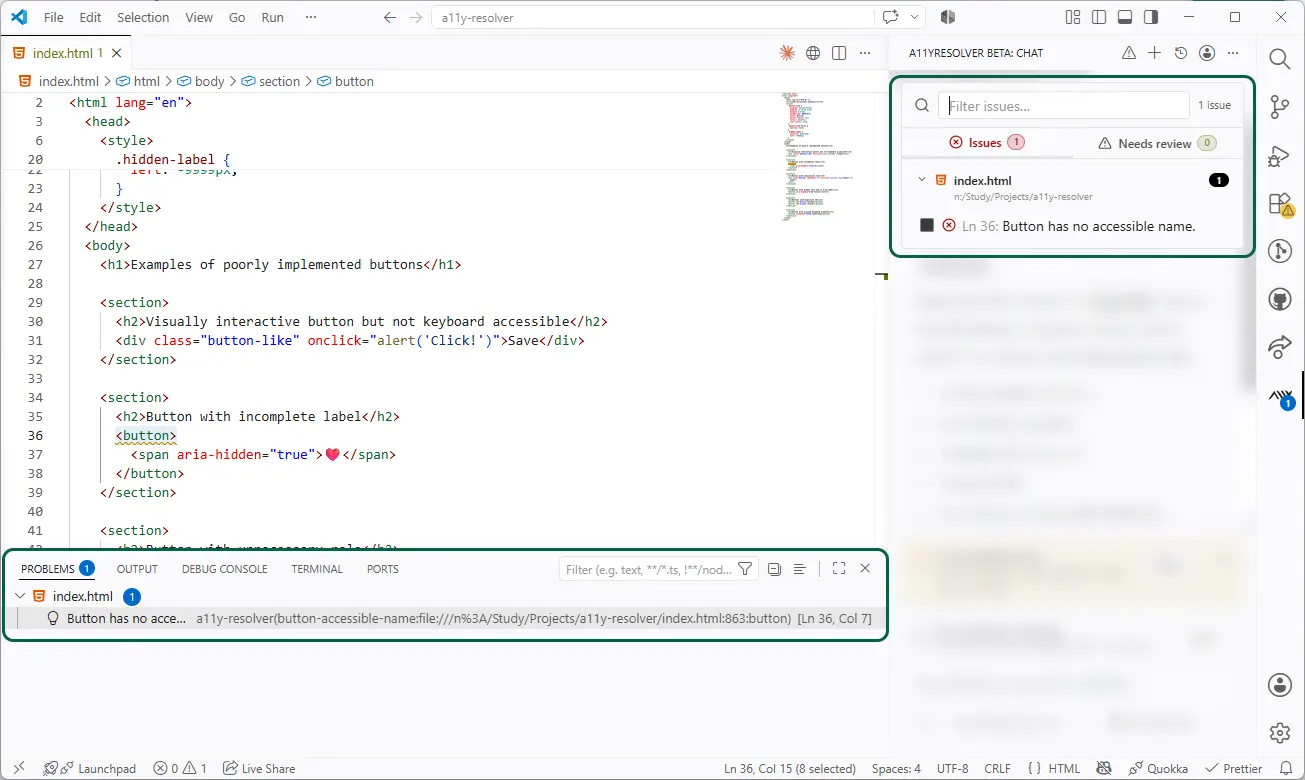 A11yResolver in VS Code detecting an accessibility issue in real time: on the left, the index.html file with a button element flagged on line 36; on the right, the A11yResolver Issues panel highlighting 'Ln 36: Button has no accessible name'; at the bottom, the Problems panel echoing the same finding — surfacing issues across the editor as you work.