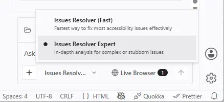 A11yResolver mode picker in VS Code with 'Issues Resolver Expert' selected — 'In-depth analysis for complex or stubborn issues' — after switching from Fast. The Live Browser toggle in the toolbar shows an active session with a '1' badge.