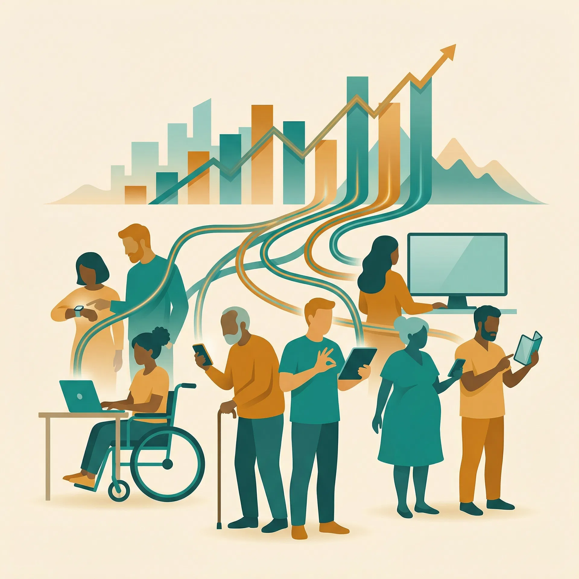 Diverse people using digital devices with growth charts